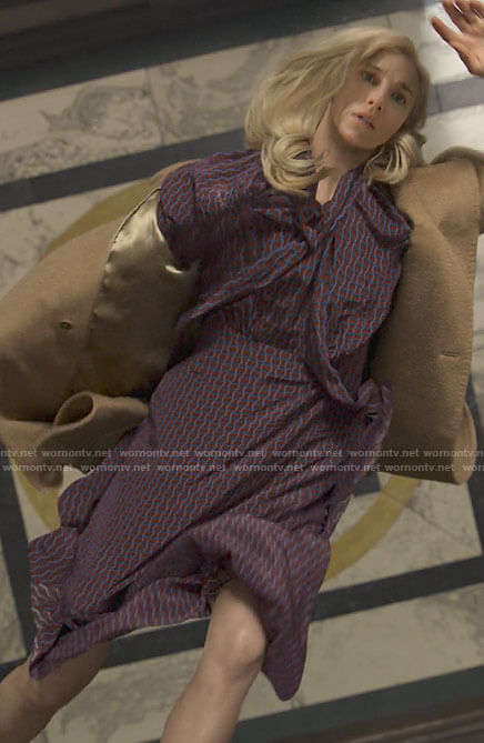 Sophie's geometric print tie neck dress on Anatomy of a Scandal
