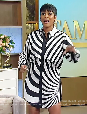 Tamron's black and white stripe mini shirtdress on Tamron Hall Show