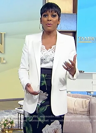 Tamron's black floral print skirt on Tamron Hall Show