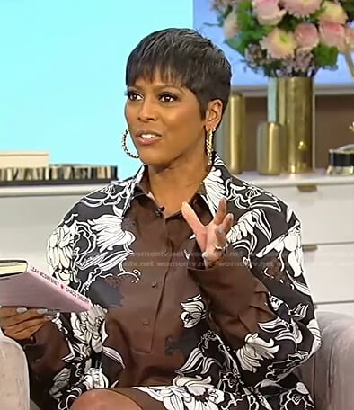 Tamron's brown floral shirtdress on Tamron Hall Show