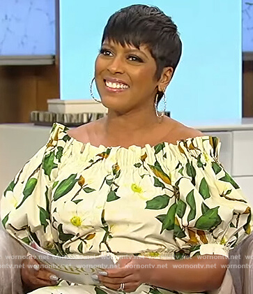 Tamron's floral print off shoulder jumpsuit on Tamron Hall Show