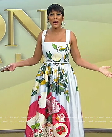 Tamron's blue printed square neck dress on Tamron Hall Show