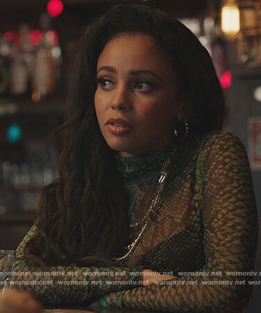 Toni's green snakeskin print mesh top on Riverdale