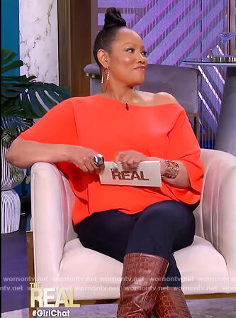 Garcelle's coral one off shoulder top on The Real