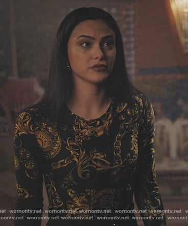Veronica's black baroque print bodysuit on Riverdale