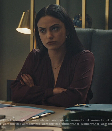 Veronica's burgundy wrap blouse on Riverdale