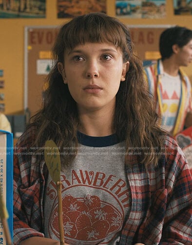El's grey strawberry print tee and plaid shirt on Stranger Things