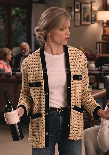 Mallory's yellow tweed cardigan on Grace and Frankie