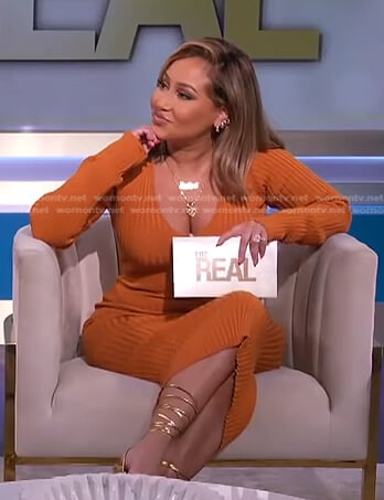 Adrienne's orange ribbed v-neck dress on The Real