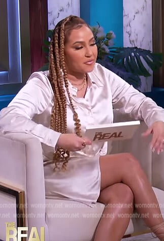 Adrienne's white satin tie waist dress on The Real