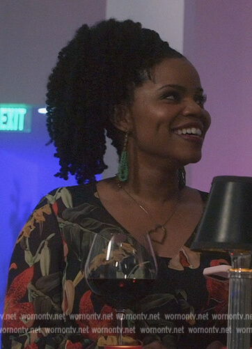 Amara's black floral print wrap dress on All American Homecoming