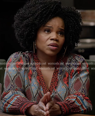 Amara's printed blouse on All American Homecoming