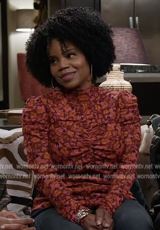 Amara's red floral ruched top on All American Homecoming