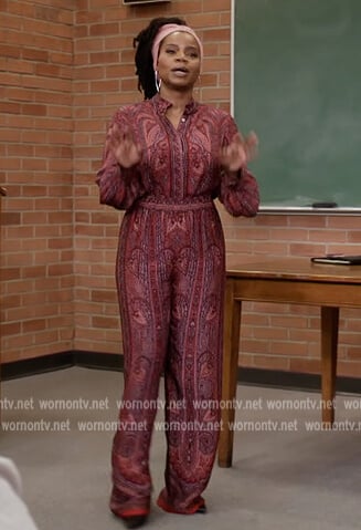 Amara's red paisley print blouse on All American Homecoming