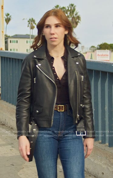 Annie's leather moto jacket on The Flight Attendant