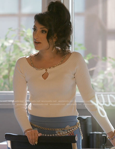Beth Ann's white chain detail top and butterfly print pants on I Love That For You