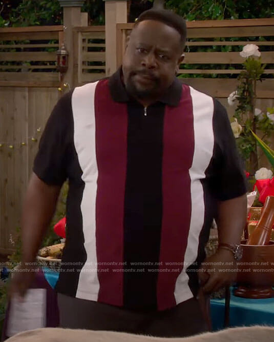 Calvin's vertical striped polo shirt on The Neighborhood