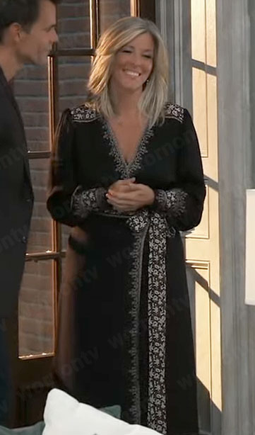 Carly's black embroidered trim maxi dress on General Hospital
