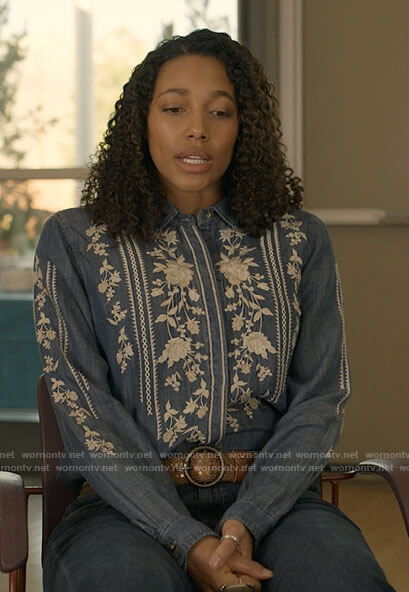 Cassie's blue floral embroidered shirt on Big Sky