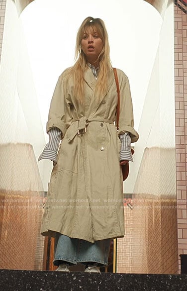 Cassie's cotton trench coat on The Flight Attendant