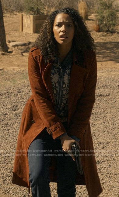 Cassie's suede trench coat on Big Sky