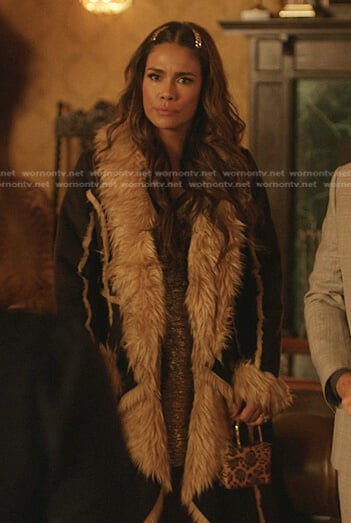 Cristal's black suede fur-trim coat on Dynasty