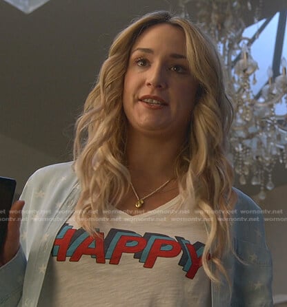 Davia's Happy print tee and star print shirt on Good Trouble