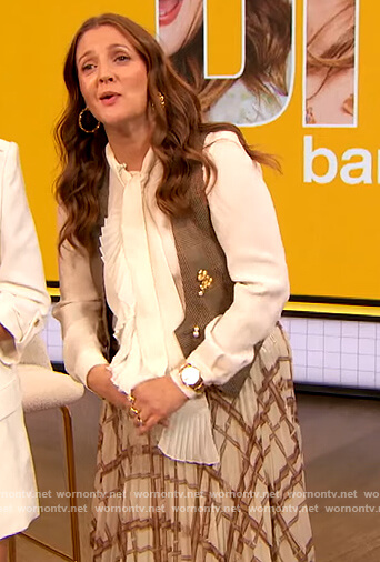 Drew's white blouse and plaid skirt on The Drew Barrymore Show