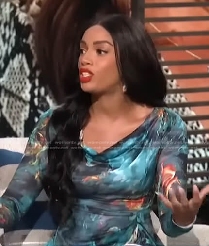 Francesca Amiker’s printed asymemtric dress on E! News Daily Pop
