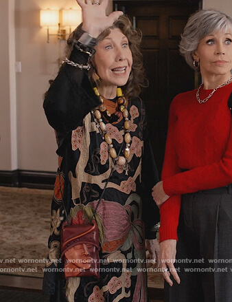 Frankie's embroidered dress on Grace and Frankie