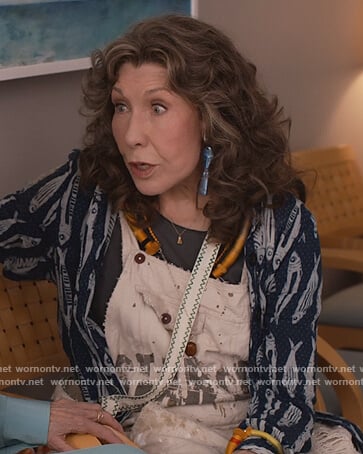 Frankie's white denim overalls on Grace and Frankie
