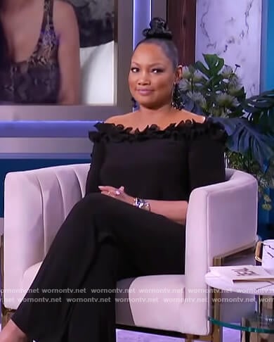 Garcelle's black ruffle off shoulder jumpsuit on The Real