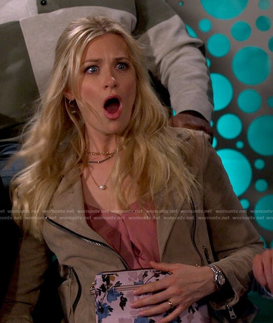 Gemma's beige suede moto jacket on The Neighborhood