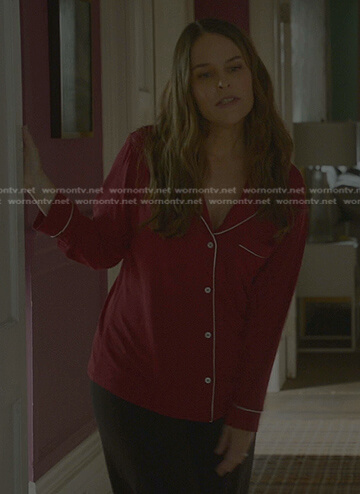 Izzy's red pajama shirt with white piping on Bull