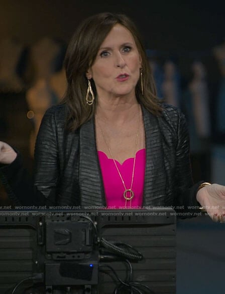 Jackie's pink scalloped top and leather jacket on I Love That For You