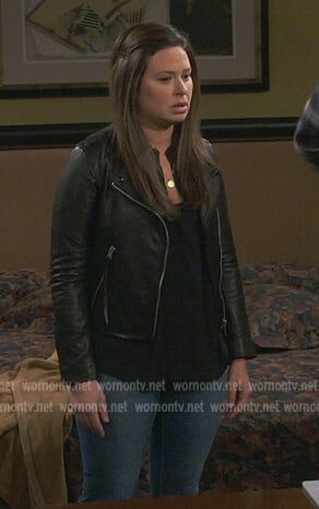 Jen's black leather moto jacket on How We Roll