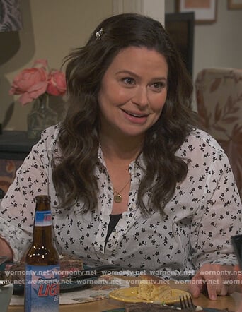 Jen's white floral print blouse on How We Roll