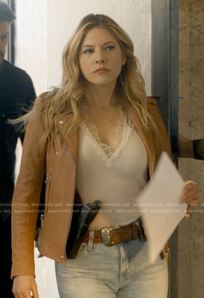 Jenny's white lace-trim sweater and tan leather jacket on Big Sky