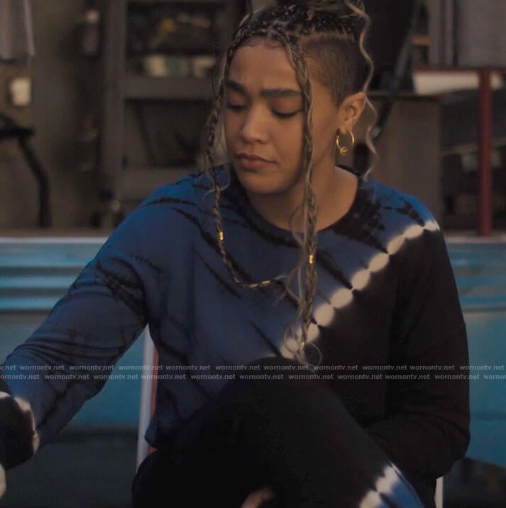 Kaela's black and blue tie dye sweatshirt and pants set on Charmed