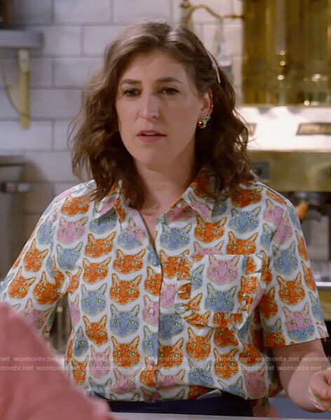 Kat's cat print button down shirt on Call Me Kat