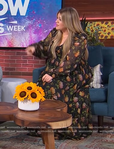 Kelly's black floral print wrap maxi dress on The Kelly Clarkson Show