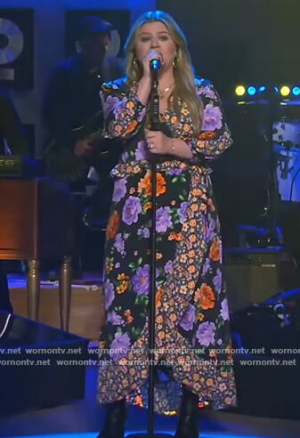 Kelly's black floral print wrap dress on The Kelly Clarkson Show