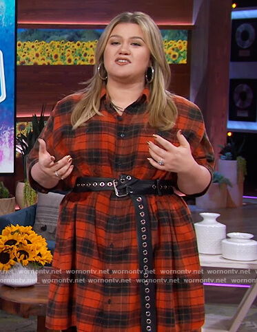 Kelly's red plaid mini shirtdress on The Kelly Clarkson Show