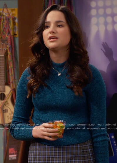 Lex's teal marled sweater on Side Hustle