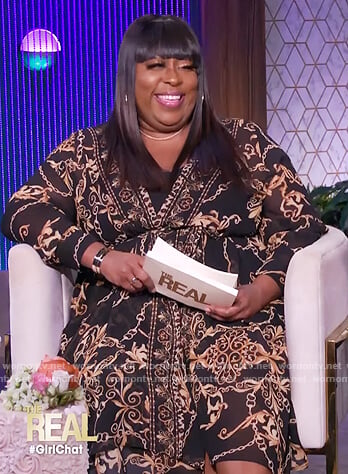 Loni's black baroque print wrap dress on The Real