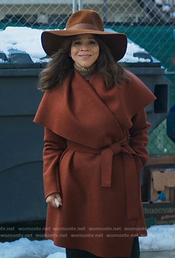 Megan's brown wrap coat on The Flight Attendant