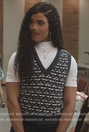 Nathaniel's blue knit vest on All American Homecoming