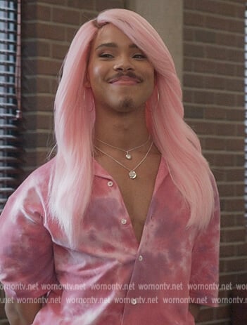 Natheniel's pink tie dye shirt on All American Homecoming