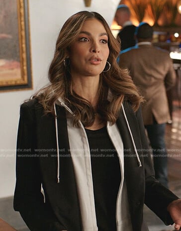 Nina's white hoodie and black blazer on Dynasty