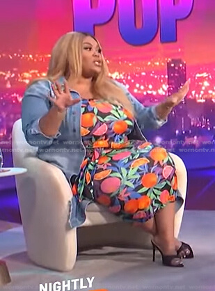 Nina's fruit print tank top and skirt on E! News Nightly Pop
